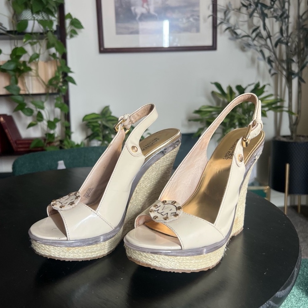 Michael Kors Beige Patent Leather Wedge Sandals